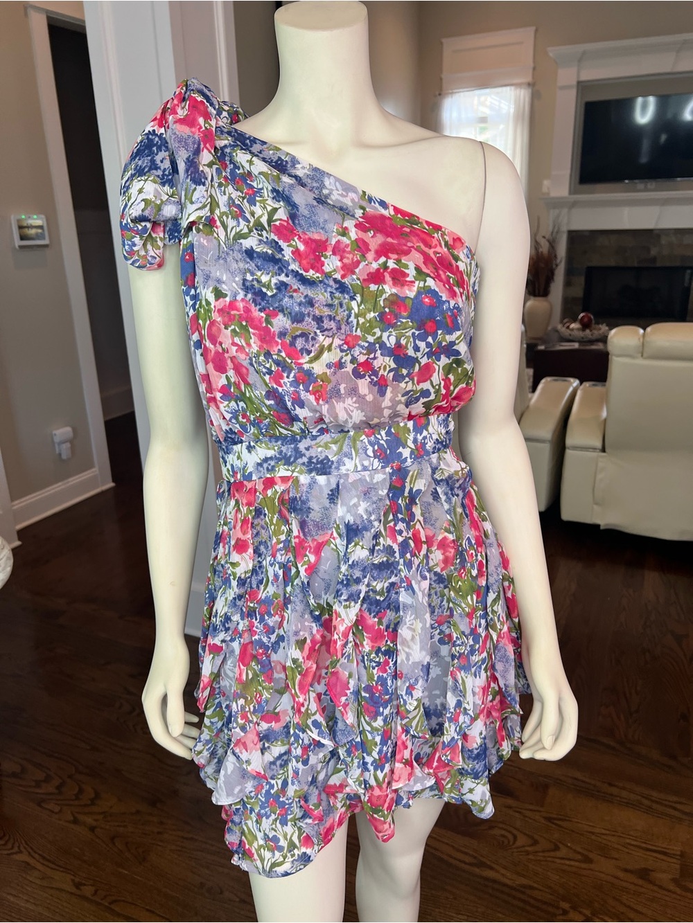 MM Couture One-Shoulder Floral Mini Dress in Pink, Purple, Blue - Picture 2 of 13